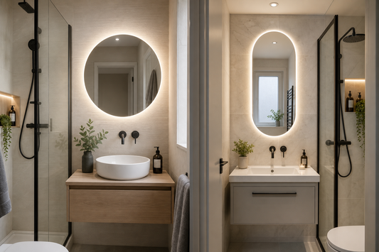Round and oval LED mirrors in a compact en-suite