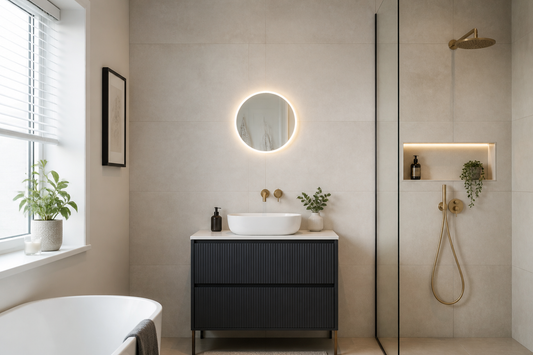Small round LED mirror above a bathroom vanity