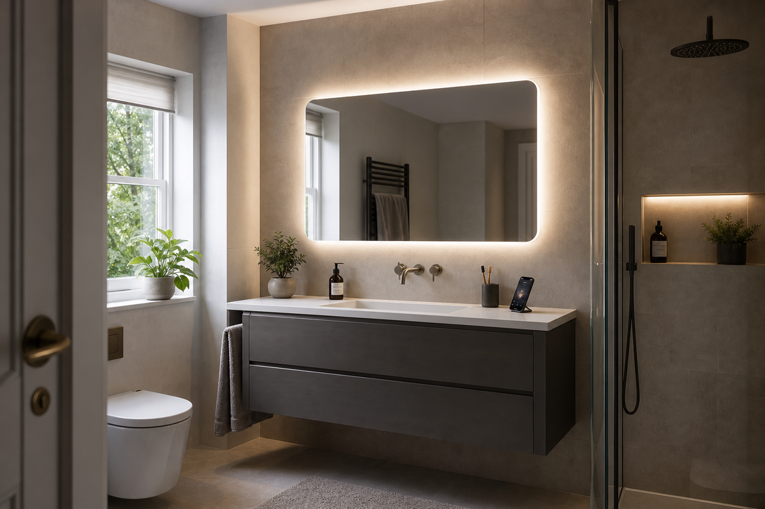 Smart LED mirror features in a UK bathroom