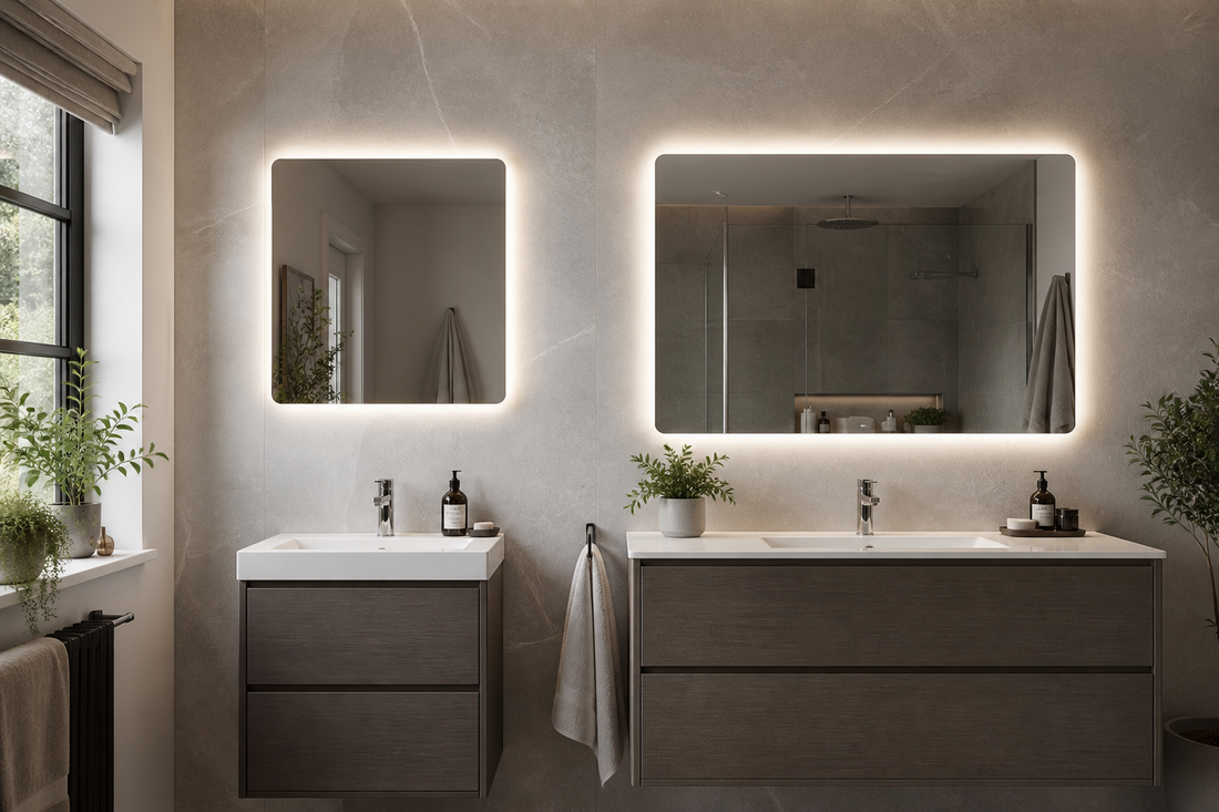 Square and rectangle LED mirrors above bathroom vanities