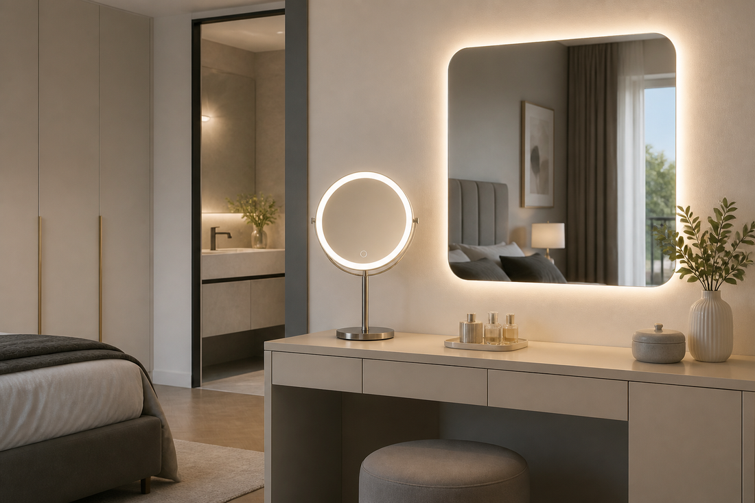 Tabletop and wall-mounted vanity mirrors with lights