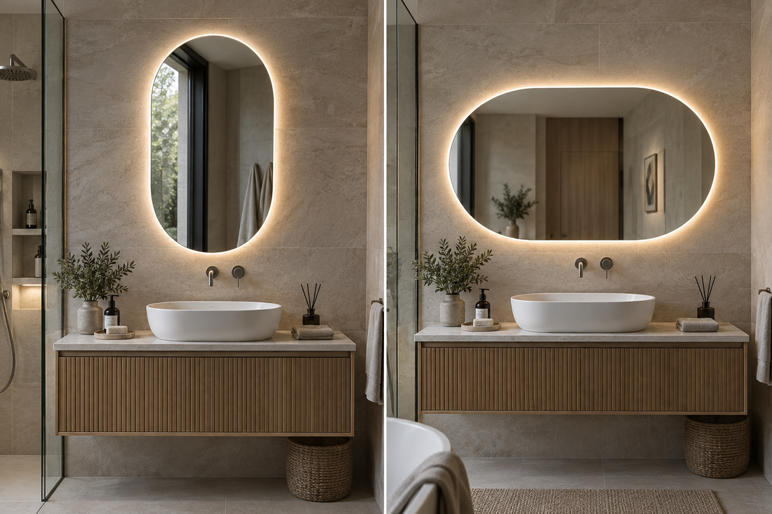 Vertical and horizontal oval bathroom mirrors above vanities