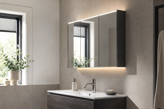 Slim bathroom mirror cabinet depth above a vanity