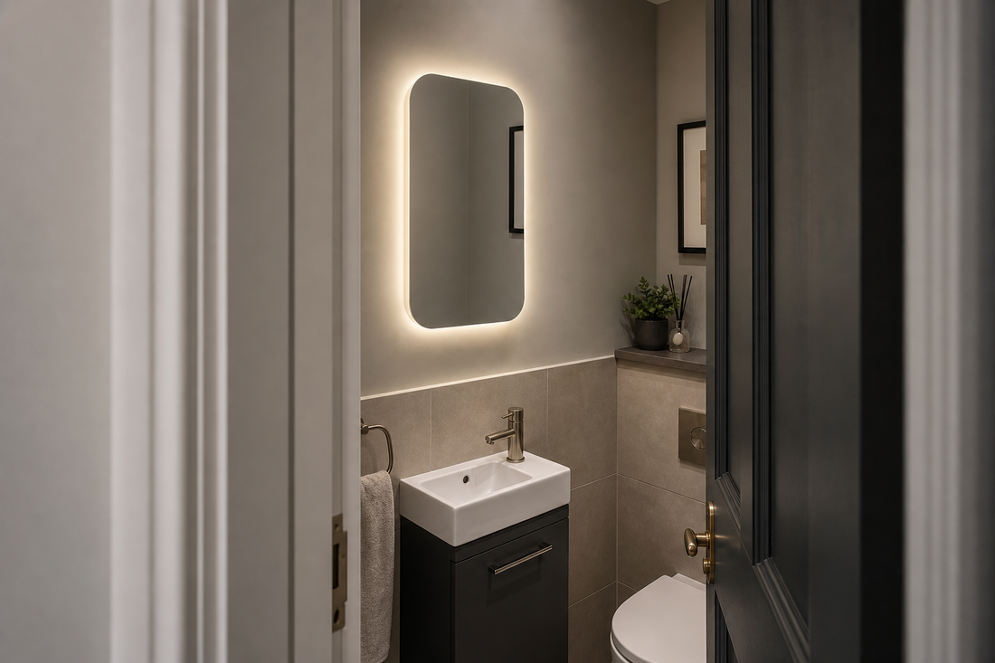 Compact LED mirror above a 500mm cloakroom basin