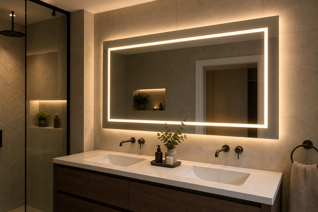 Double-lit LED bathroom mirror in a modern UK bathroom