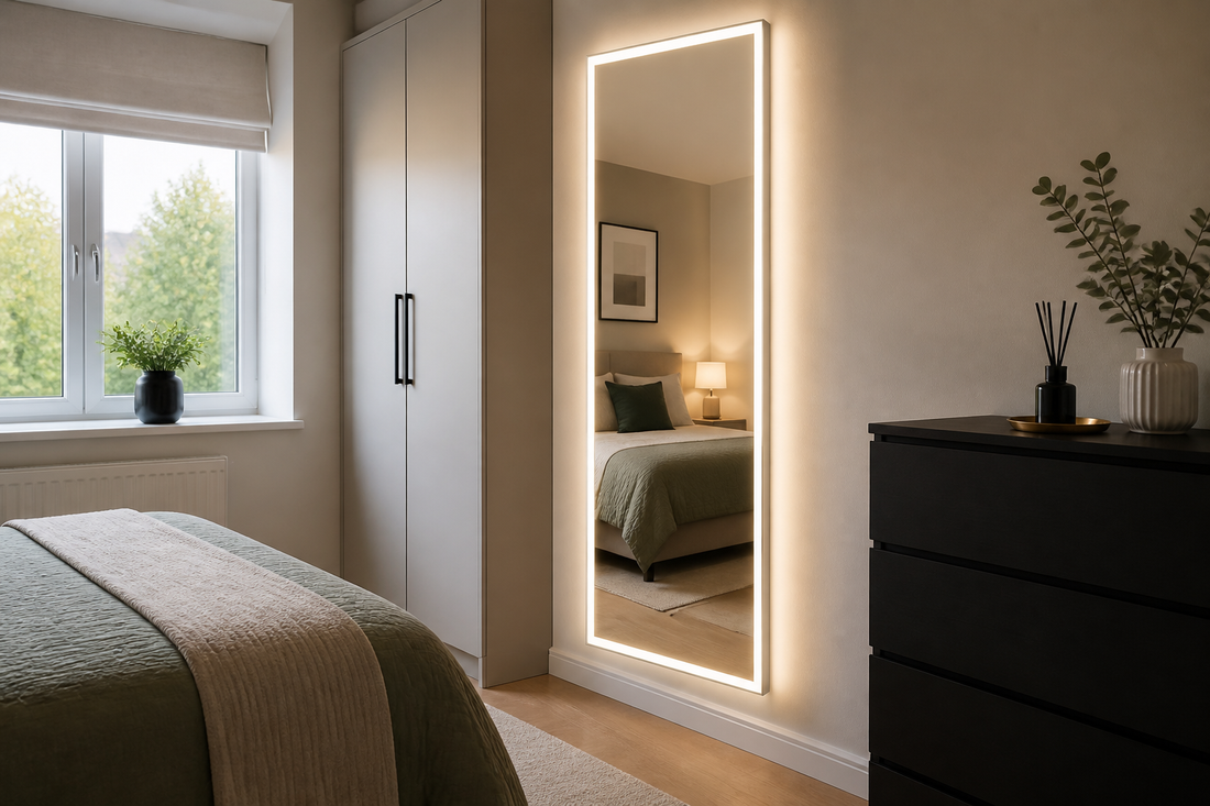 Full-length LED mirror in a small bedroom