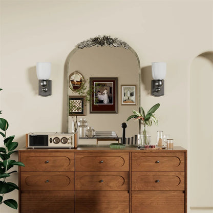 Arched Antique Brass Bathroom Mirror – Metal Frame with Decorative Resin Rose Pattern for Entryway, Fireplace & Living Room
