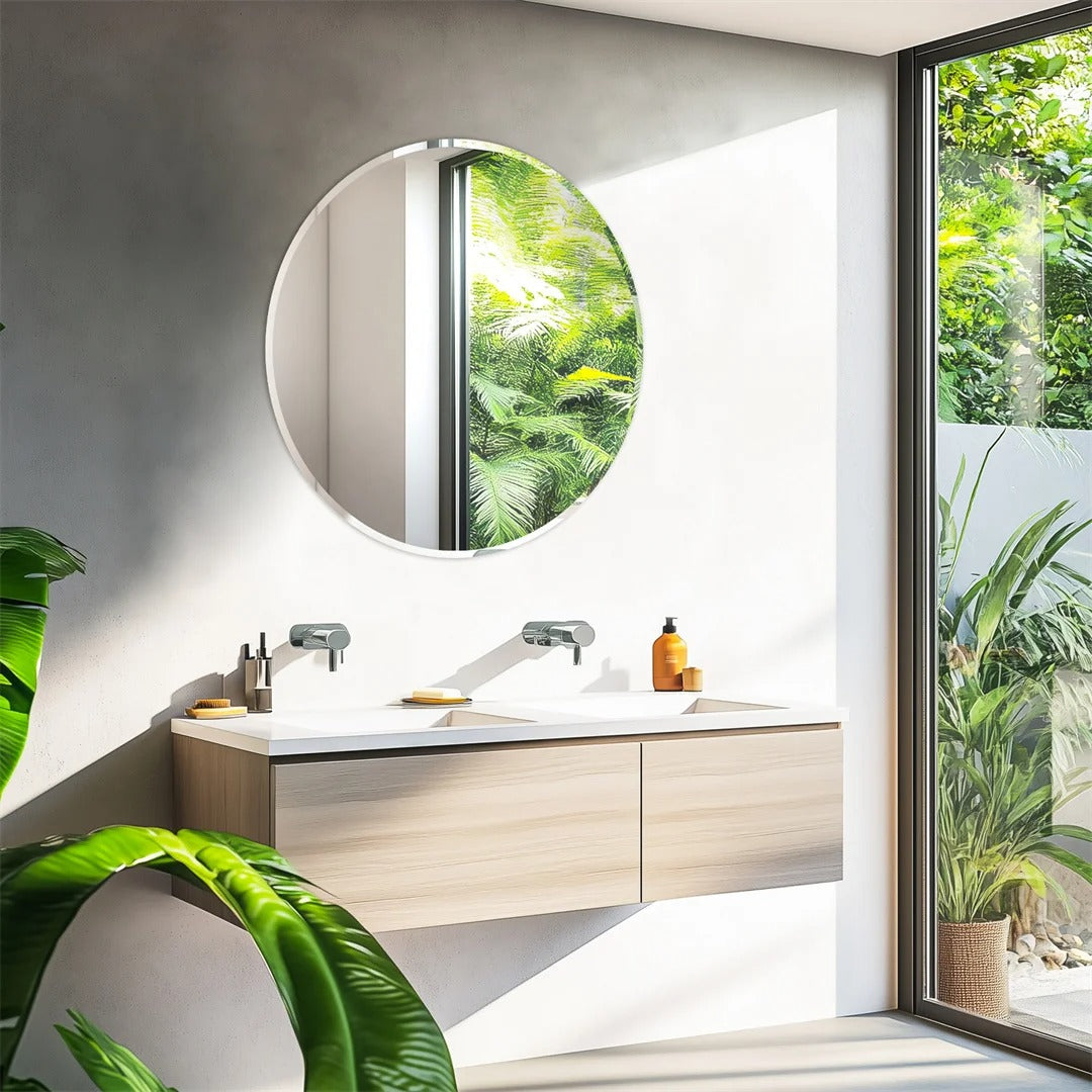 Frameless Round Bathroom Vanity Mirror – Circle Wall Decor Mirror with Polished Beveled Edge for Living Room