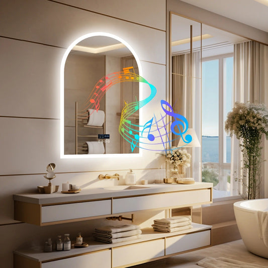 Arched LED Backlit Bluetooth Bathroom Mirror – 24x36" Dimmable, Fogless Vanity Mirror with Time & Temperature Display