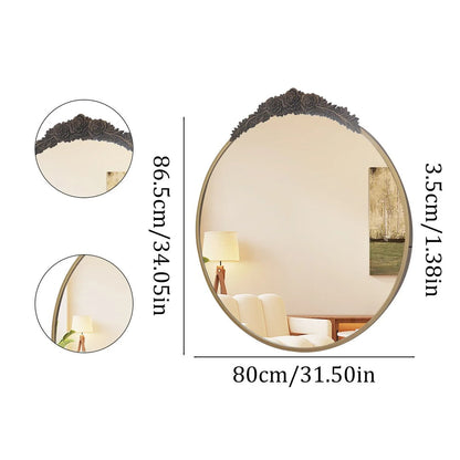 Baroque Round Bathroom Mirror – Brass Finish Metal Frame with Resin Rose Pattern for Living Room & Bathroom Décor