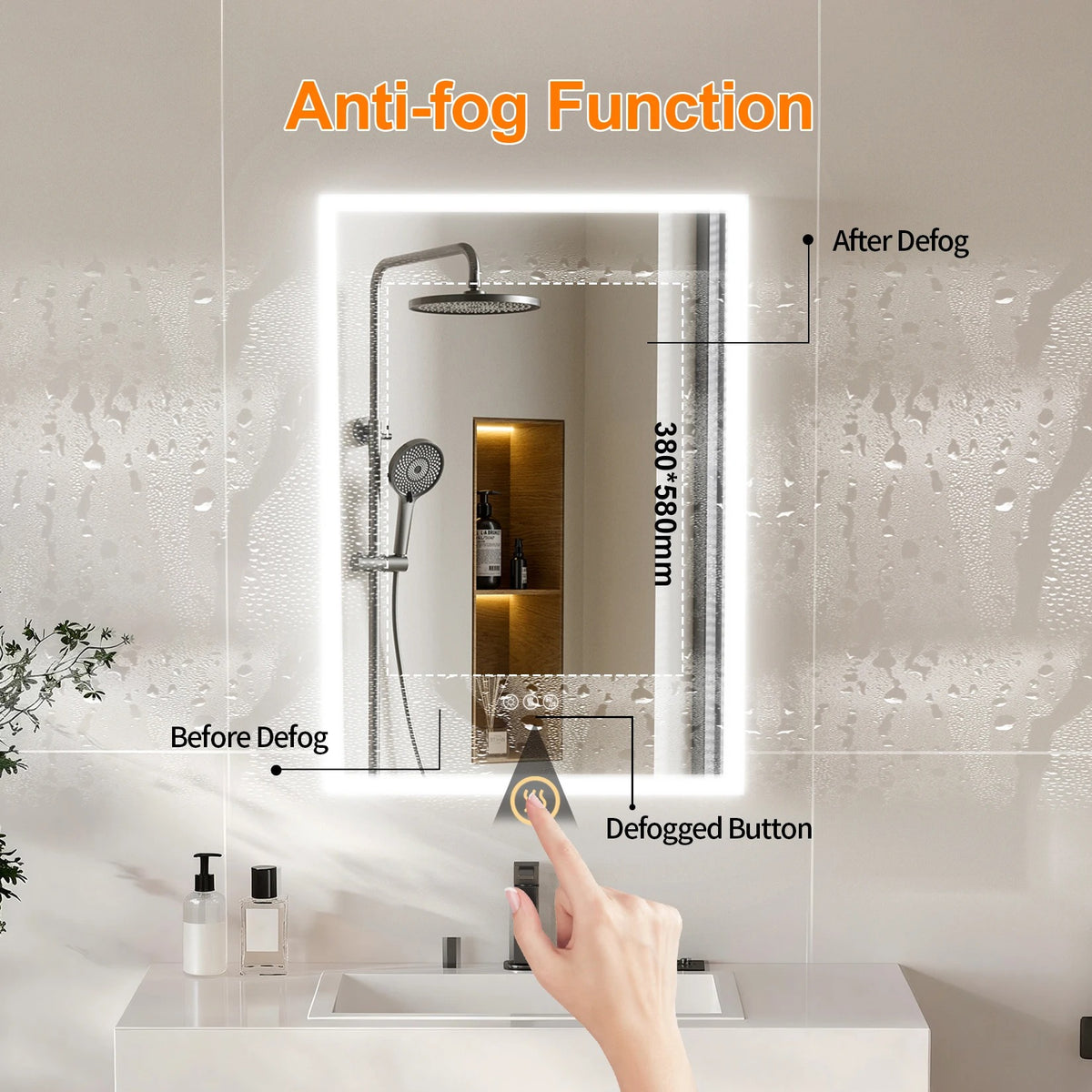 Anti-fog demonstration on the mirrored cabinet door