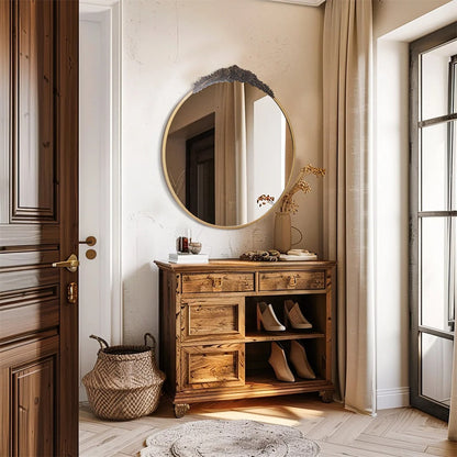 Baroque Round Bathroom Mirror – Brass Finish Metal Frame with Resin Rose Pattern for Living Room & Bathroom Décor