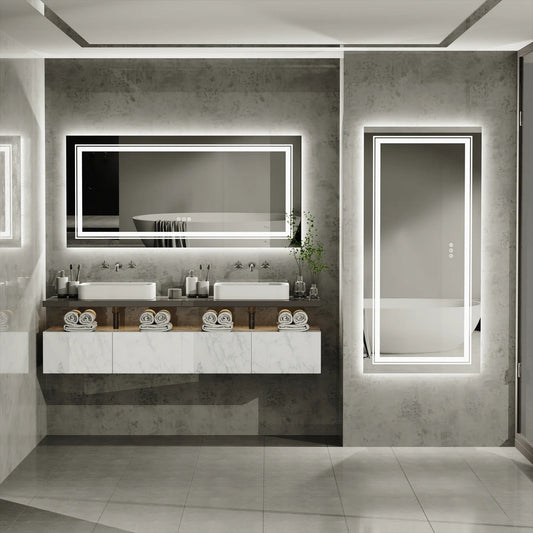 Rectangle Double Light Illuminated Bathroom Mirror with Dimmable Anti-Fog and Memory Function