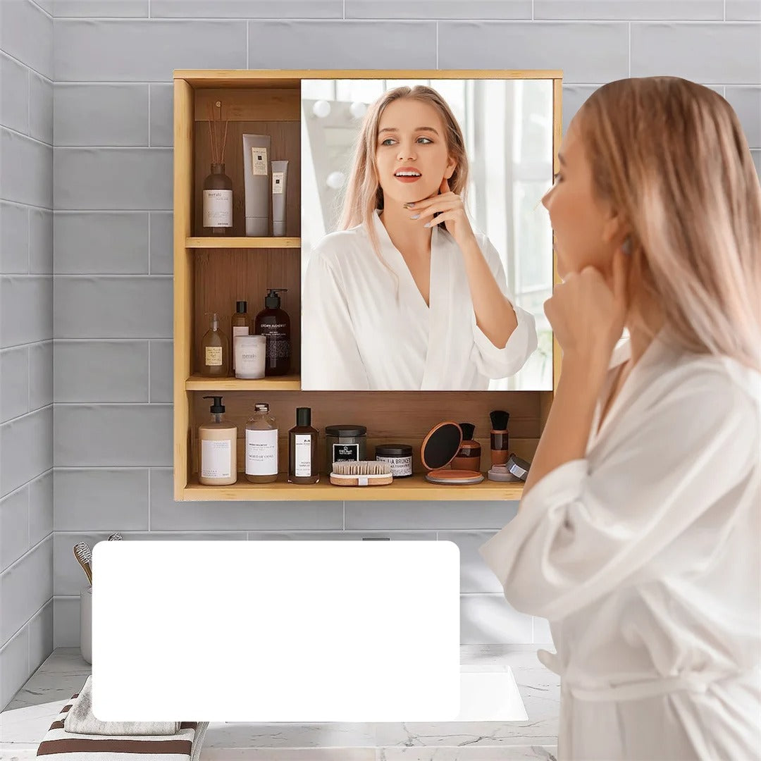 Bamboo Bathroom Mirror Cabinet with Adjustable Shelves – 22x24"