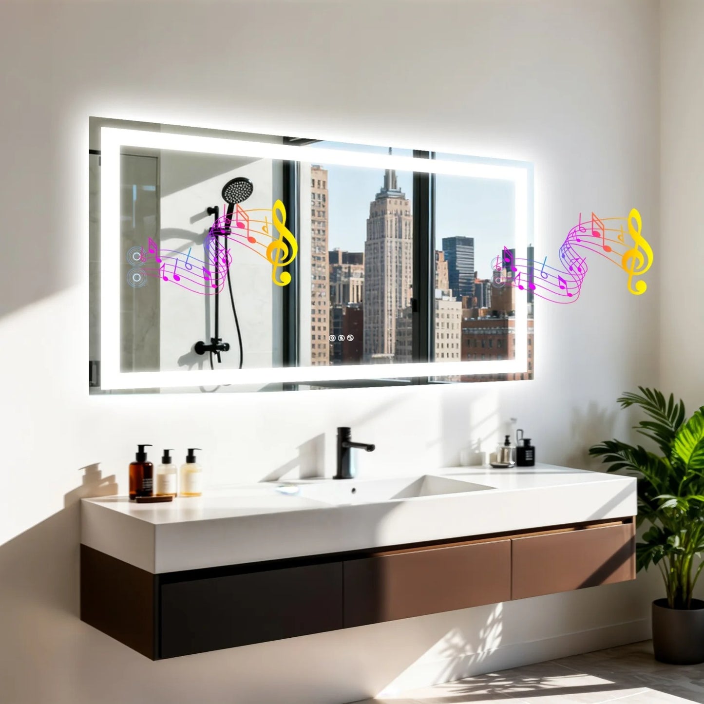 Rectangle LED Bathroom Mirror with Bluetooth Speaker 3 Colors Dimmable Defog Vanity Mirror