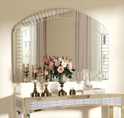 Extra Large Arched Bathroom Mirror – Silver Glass Venetian Accent Mirror with Bling Beveled Edge for Living Room Decor