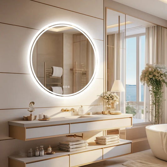 Round Backlit Bathroom Mirror, Wall Mounted Vanity Illuminated Mirrors, Dimmable, Anti-Fog, Memory Function