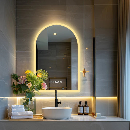 Arched Backlit Bathroom Mirror, Anti-Fog LED Mirror with Time, Date & Temperature Display and 3-Colour Lighting