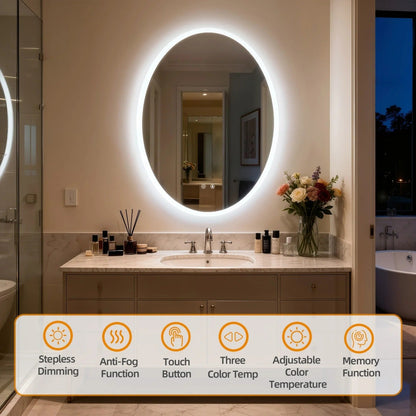 Oval LED Backlit Bathroom Mirror with Anti-Fog, Dimming & Memory