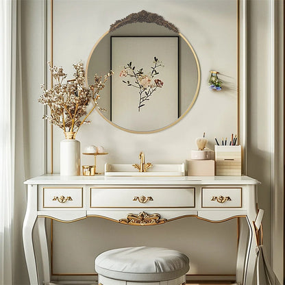 Baroque Round Bathroom Mirror – Brass Finish Metal Frame with Resin Rose Pattern for Living Room & Bathroom Décor