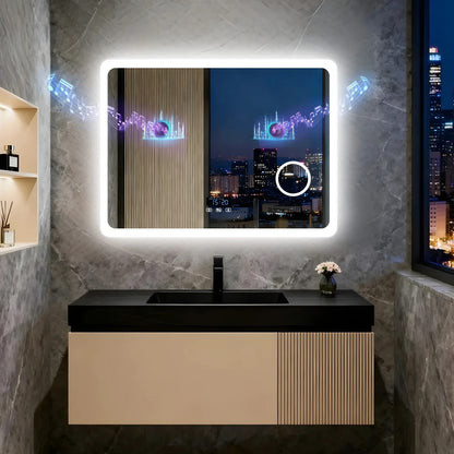 Rectangle Bluetooth LED Bathroom Mirror – Anti-Fog Vanity Mirror with 3X Magnifier, Dimmable Touch Light, Date & Time Display