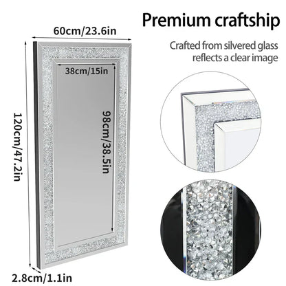Luxury Silver Crystal Rectangle Vanity Mirror – Large Frameless Wall Dressing Mirror with Rhinestone Detailing
