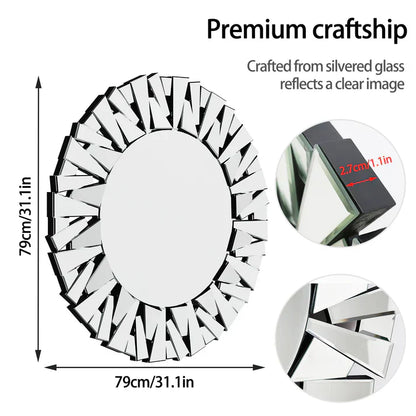Round Wall Mounted Sunburst Silver Glass Bathroom Vanity Mirror