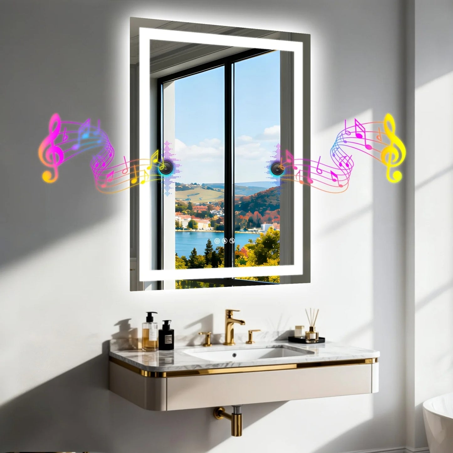 Rectangle LED Bathroom Mirror with Bluetooth Speaker 3 Colors Dimmable Defog Vanity Mirror