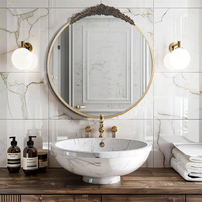Baroque Round Bathroom Mirror – Brass Finish Metal Frame with Resin Rose Pattern for Living Room & Bathroom Décor