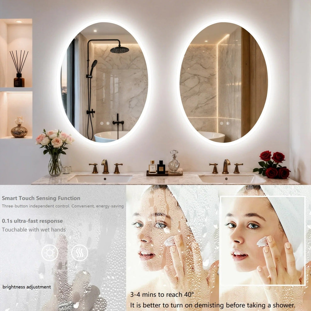 Oval LED Backlit Bathroom Mirror with Anti-Fog, Dimming & Memory