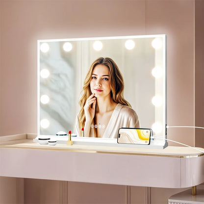 32”x24” Hollywood Lighted Makeup Mirror – Large Rectangle Tabletop RGB Vanity Mirror with Bluetooth Speakers, USB Charging & Phone Stand