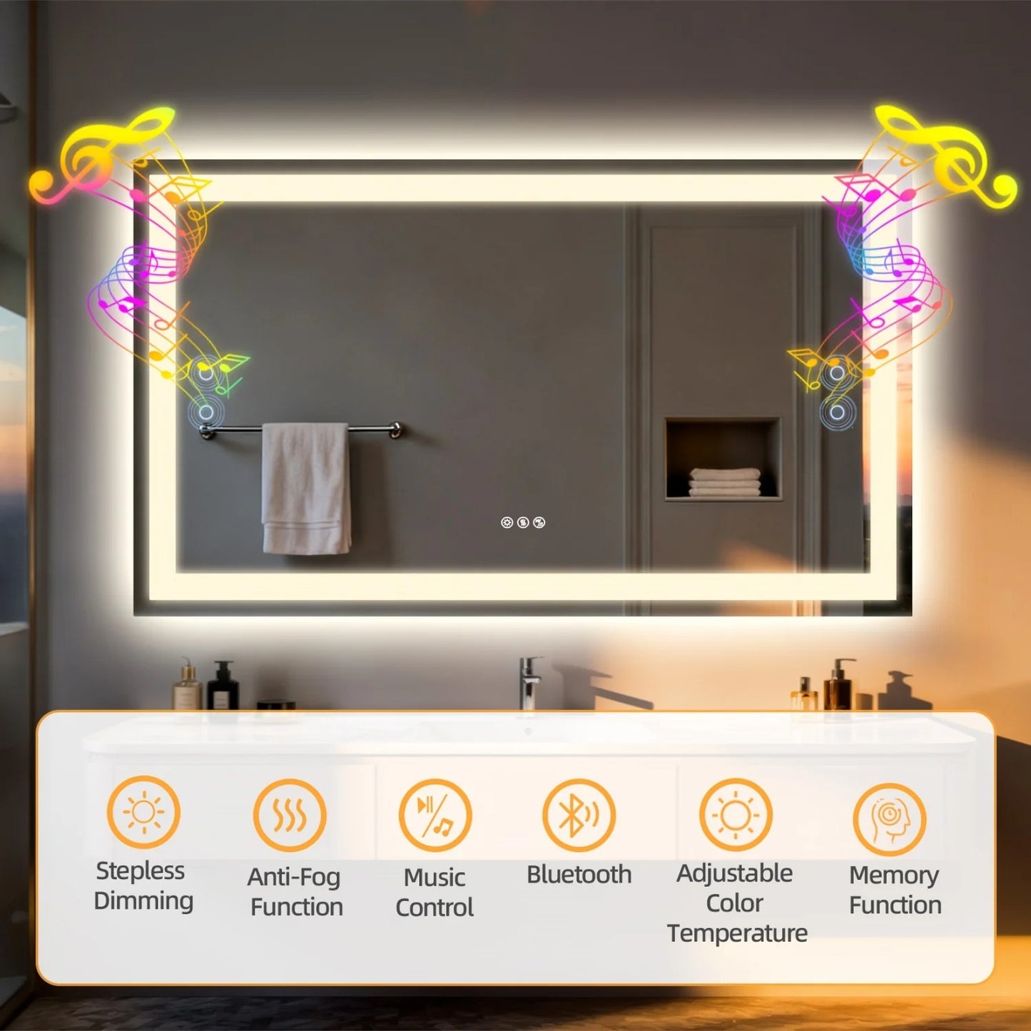 Rectangle LED Bathroom Mirror with Bluetooth Speaker 3 Colors Dimmable Defog Vanity Mirror