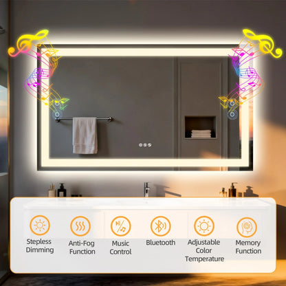 Rectangle LED Bathroom Mirror with Bluetooth Speaker 3 Colors Dimmable Defog Vanity Mirror