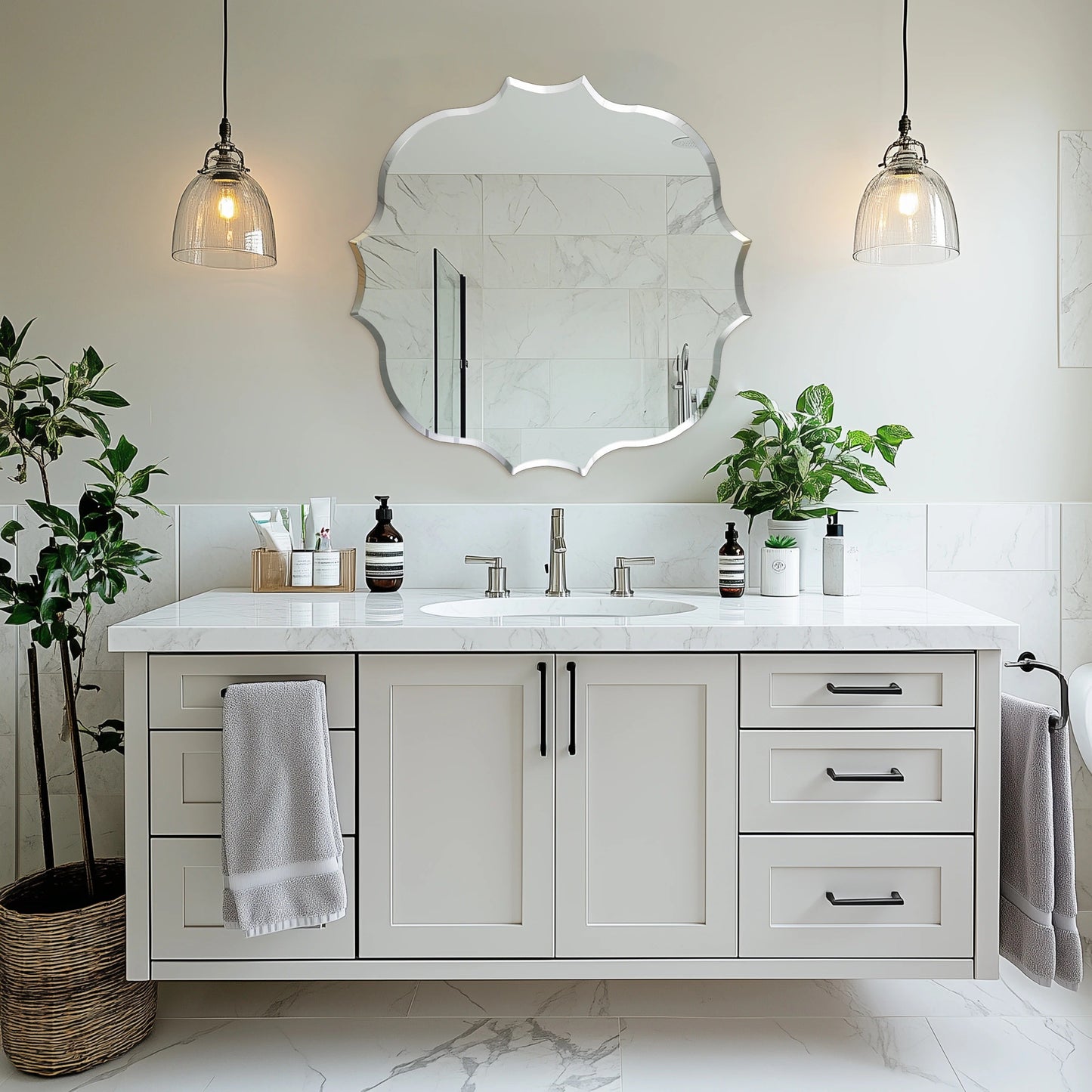 Frameless Bathroom Bathroom Mirror – Scalloped Beveled Edge Mirror for Living Room, Bedroom & Entryway