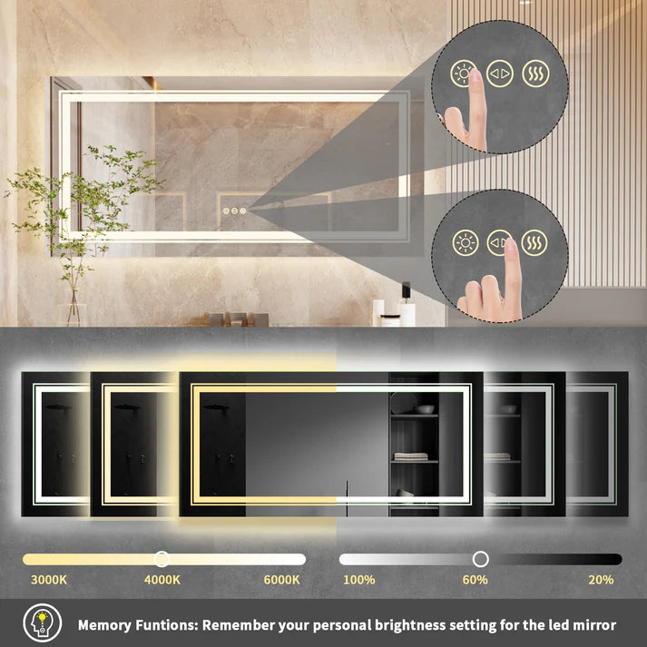 Large Rectangle LED Bathroom Mirror with Smart Features