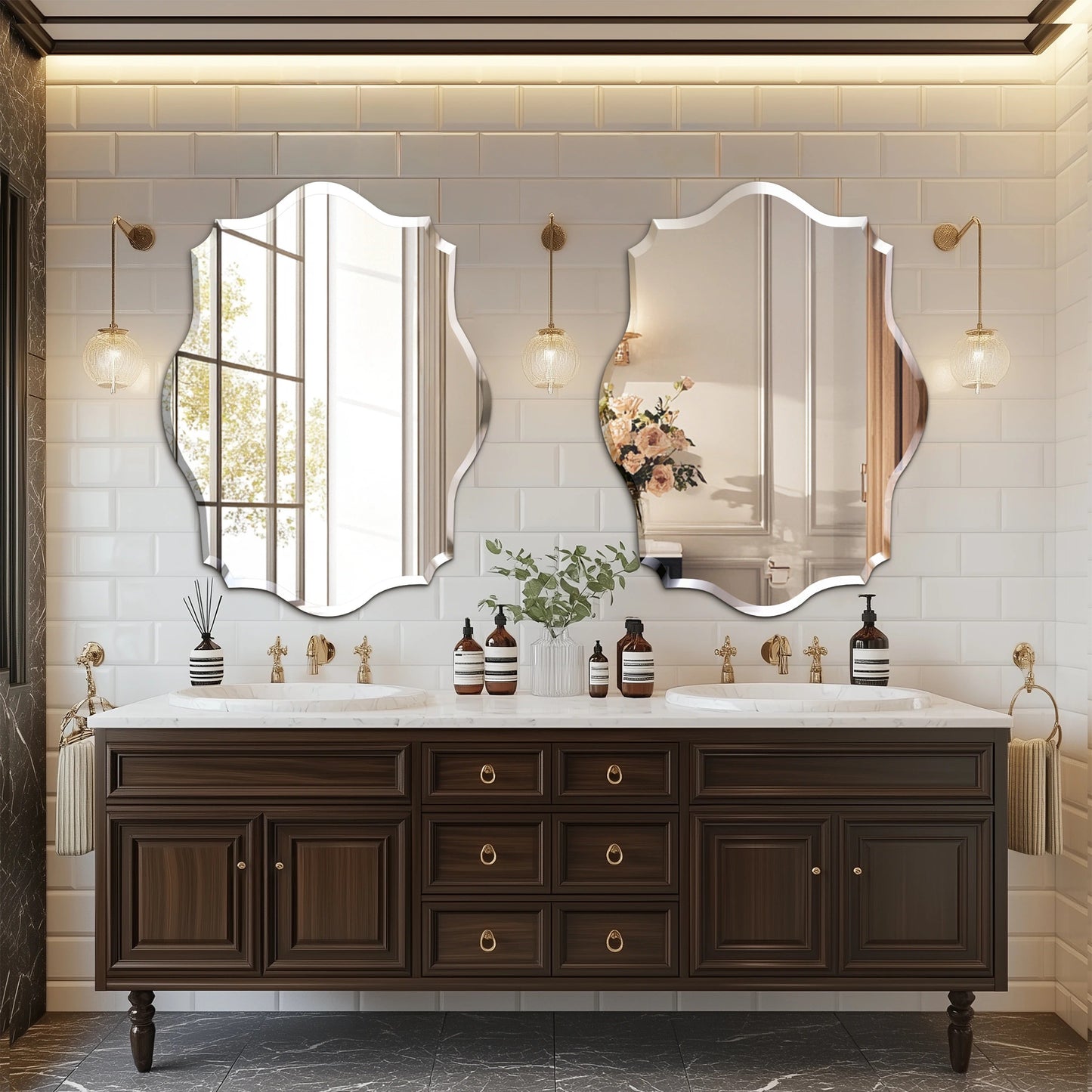 Scalloped Frameless Bathroom Mirror – Polished Silver Beveled Edge Mirror for Bathroom, Bedroom, Vanity & Living Room