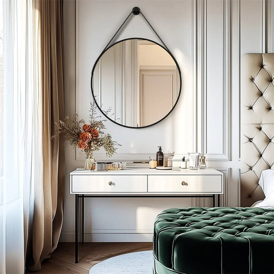 Round Black & Golden Wall Mirror – Decorative Vanity Mirror for Bathroom, Living Room and Bedroom Dressing Table