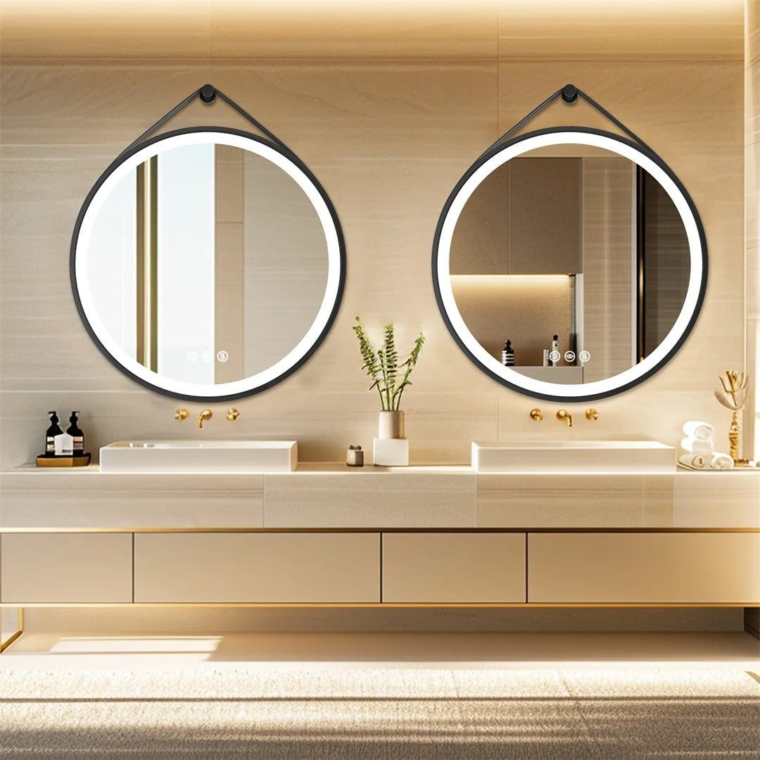 Black Frame with leather rope Round Bathroom Mirror with Front Light,Wall Mounted Lighted Vanity Mirror, Anti-Fog & Dimmable