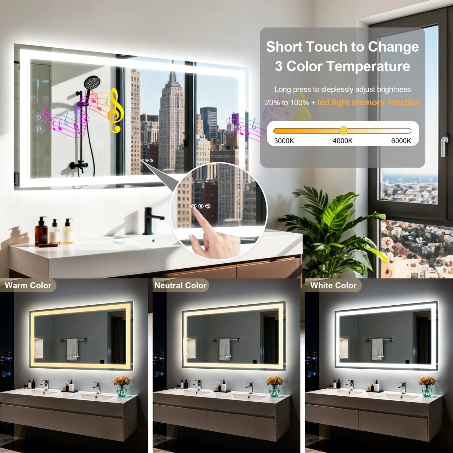Rectangle LED Bathroom Mirror with Bluetooth Speaker 3 Colors Dimmable Defog Vanity Mirror