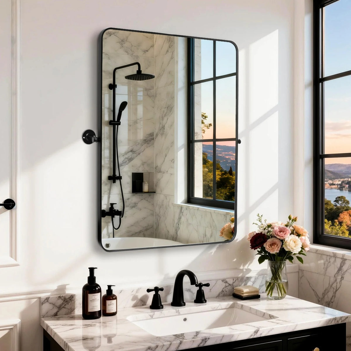 Black Rectangular Pivot Bathroom Mirror with Adjustable Tilt – 2 Sizes