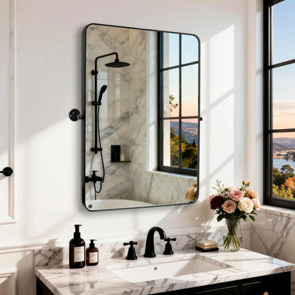 Black Rectangular Pivot Bathroom Mirror with Adjustable Tilt – 2 Sizes