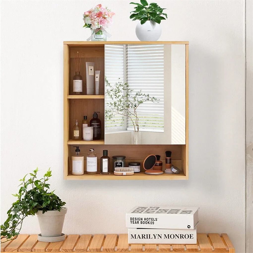 Bamboo Bathroom Mirror Cabinet with Adjustable Shelves – 22x24"