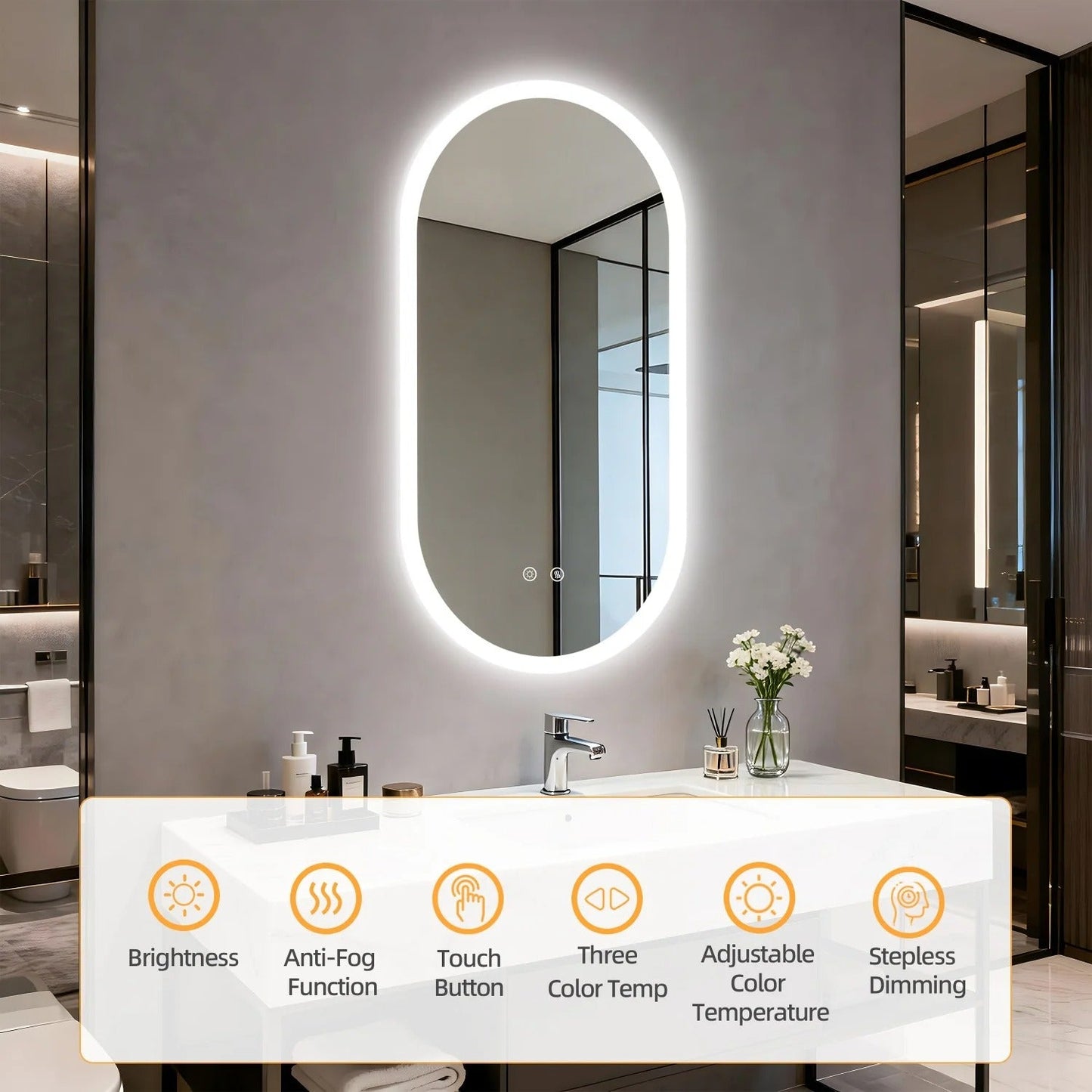Long Oval LED Bathroom Mirror, Backlit Illuminated Bathroom Vanity Mirror, Memory Function Anti-Fog
