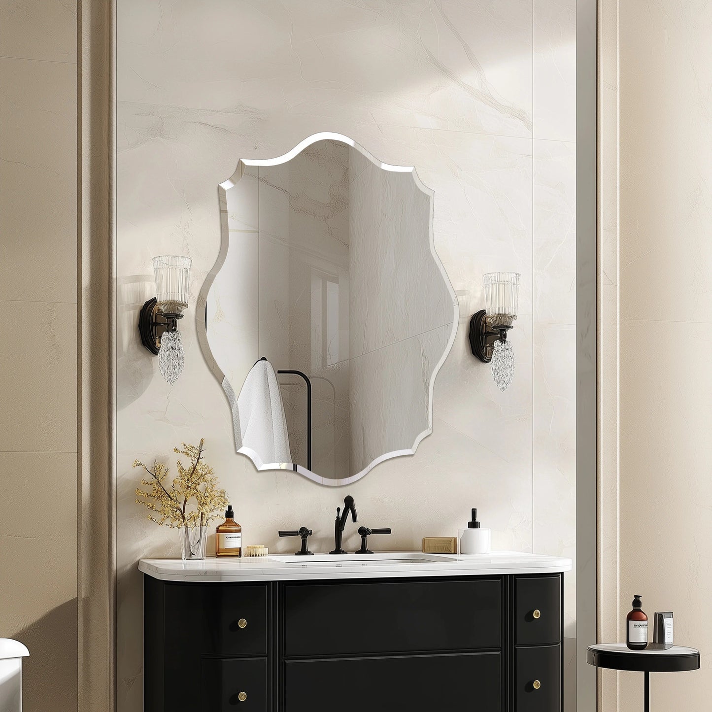 Scalloped Frameless Bathroom Mirror – Polished Silver Beveled Edge Mirror for Bathroom, Bedroom, Vanity & Living Room