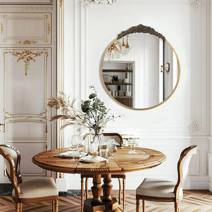 Baroque Round Bathroom Mirror – Brass Finish Metal Frame with Resin Rose Pattern for Living Room & Bathroom Décor