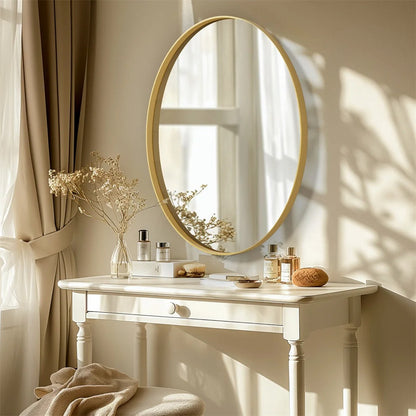 Brushed Gold Oval Bathroom Mirror with Metal Frame – Modern Decorative Vanity Mirror for Entryway & Living Room