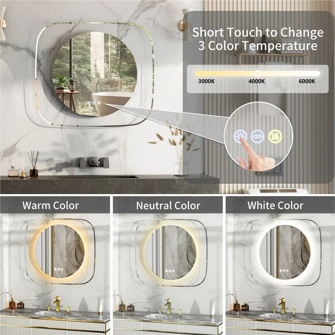 Modern LED Bathroom Mirror with 3-Color Dimmable Backlit and Anti-Fog Feature, 32x28"