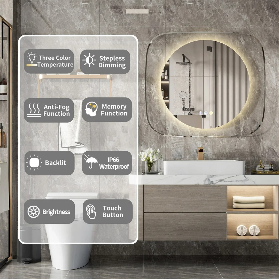 Modern LED Bathroom Mirror with 3-Color Dimmable Backlit and Anti-Fog Feature, 32x28"