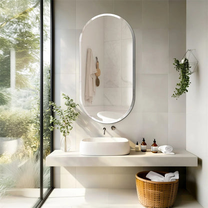 Frameless Long Oval Bathroom Vanity Mirror – Silver Glass Wall Mirror with Beveled Edge for Bathroom & Entryway