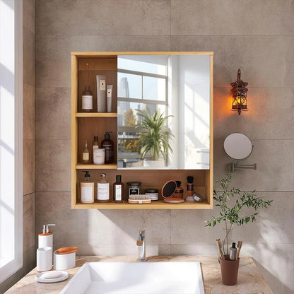 Bamboo Bathroom Mirror Cabinet with Adjustable Shelves – 22x24"